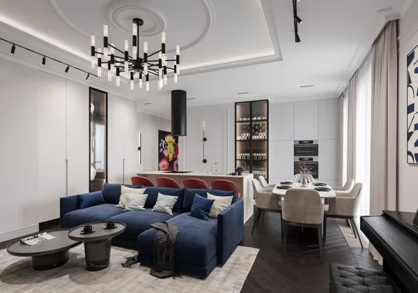 Living room in the apartment. Lofts&Rosegold. Year 2021