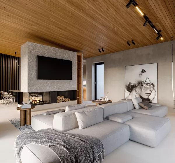 Living room-kitchen in the contemporary townhouse project. Year 2022